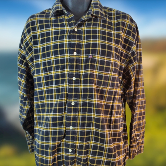 Polo Jeans Flannel Shirt Black Gold Plaid Men's Large